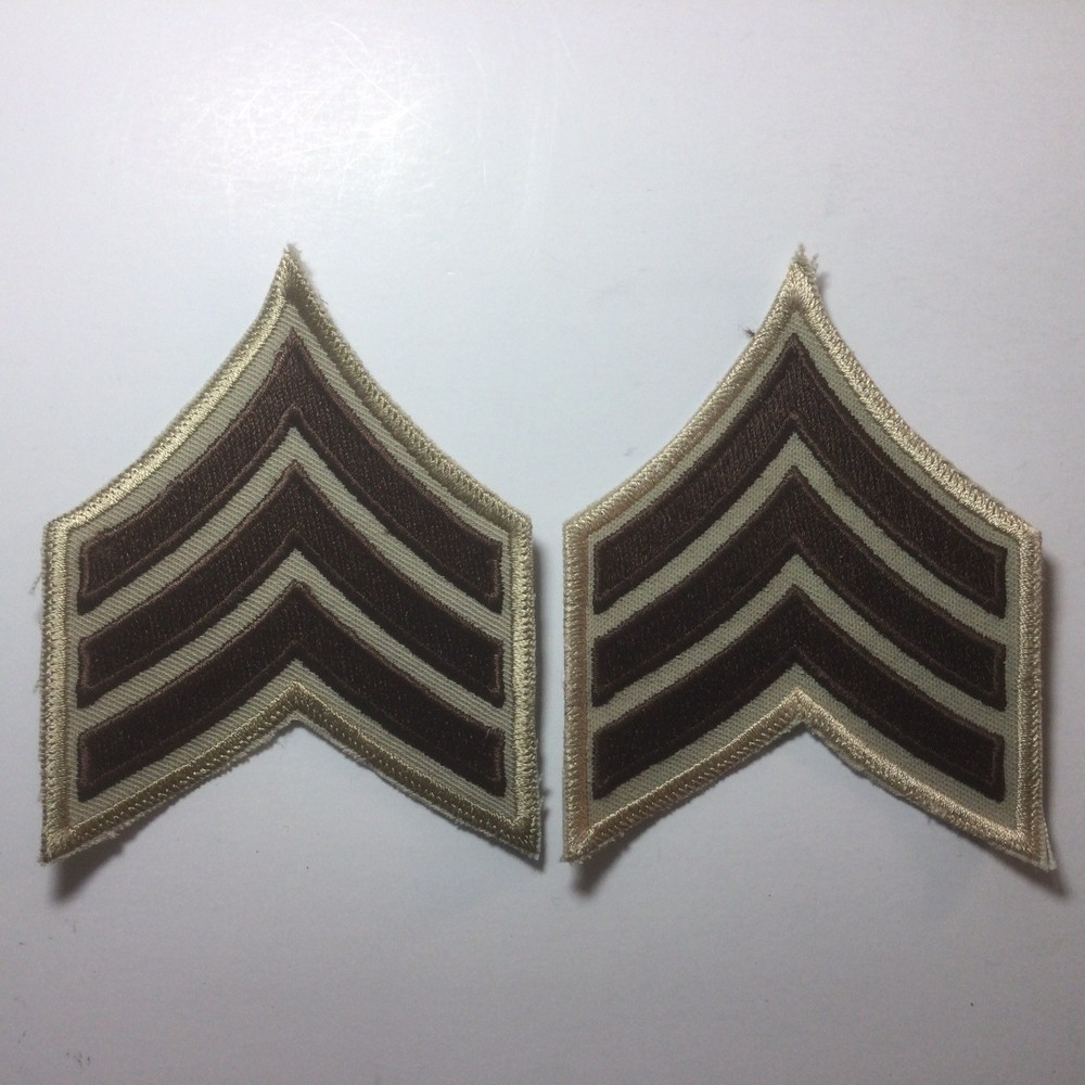 (2) Sergeant Chevron Patch - 3 Brown Stripes - Tan Twill - Tan Border