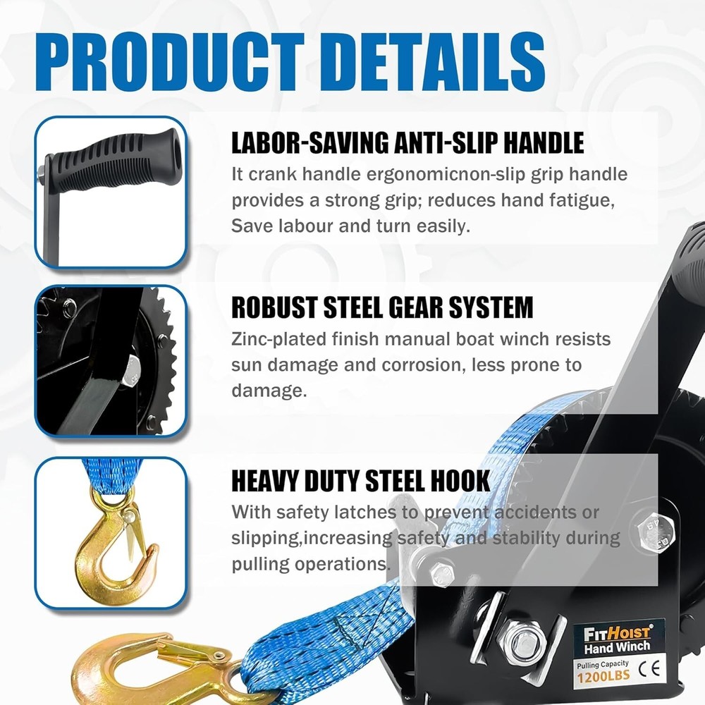 Boat Trailer Winch，Heavy Duty Hand Winch with Polyester Strap, 1200LBS