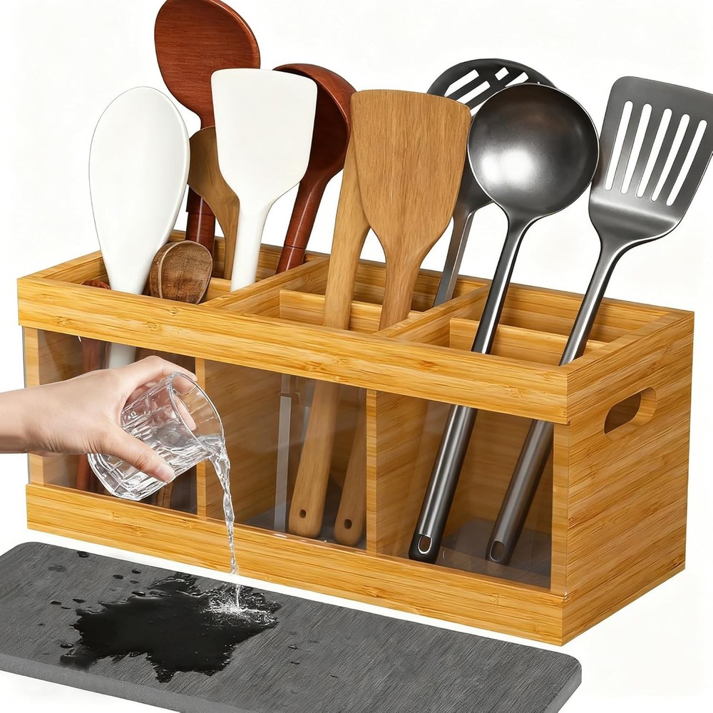 10" 6-Compartment Bamboo Holder & Diatomite Mat - Multi-Function Home Organizer