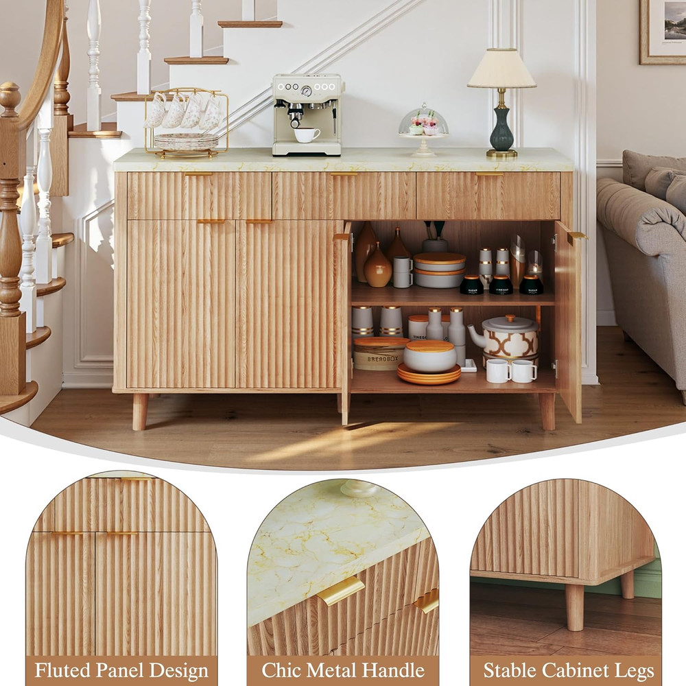 55" Fluted Buffet Cabinet with Storage, Large Sideboard Buffet Cabinet with 4 Do