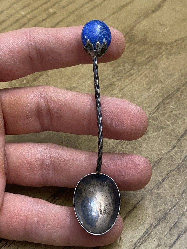 900 sterling silver Signed Chile twisted handle spoon w/blue stone