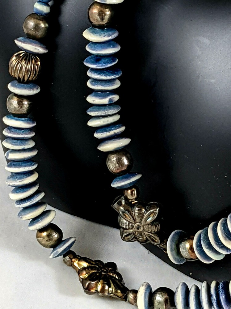 Vintage Boho Long Blue White w/ Silver Tone Necklace