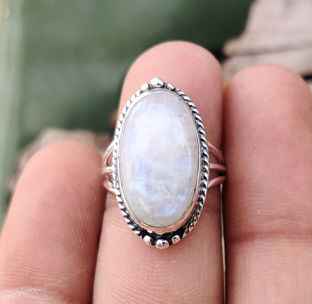 Natural Moonstone Ring 925 Sterling Silver Oval Gemstone All Size MO346