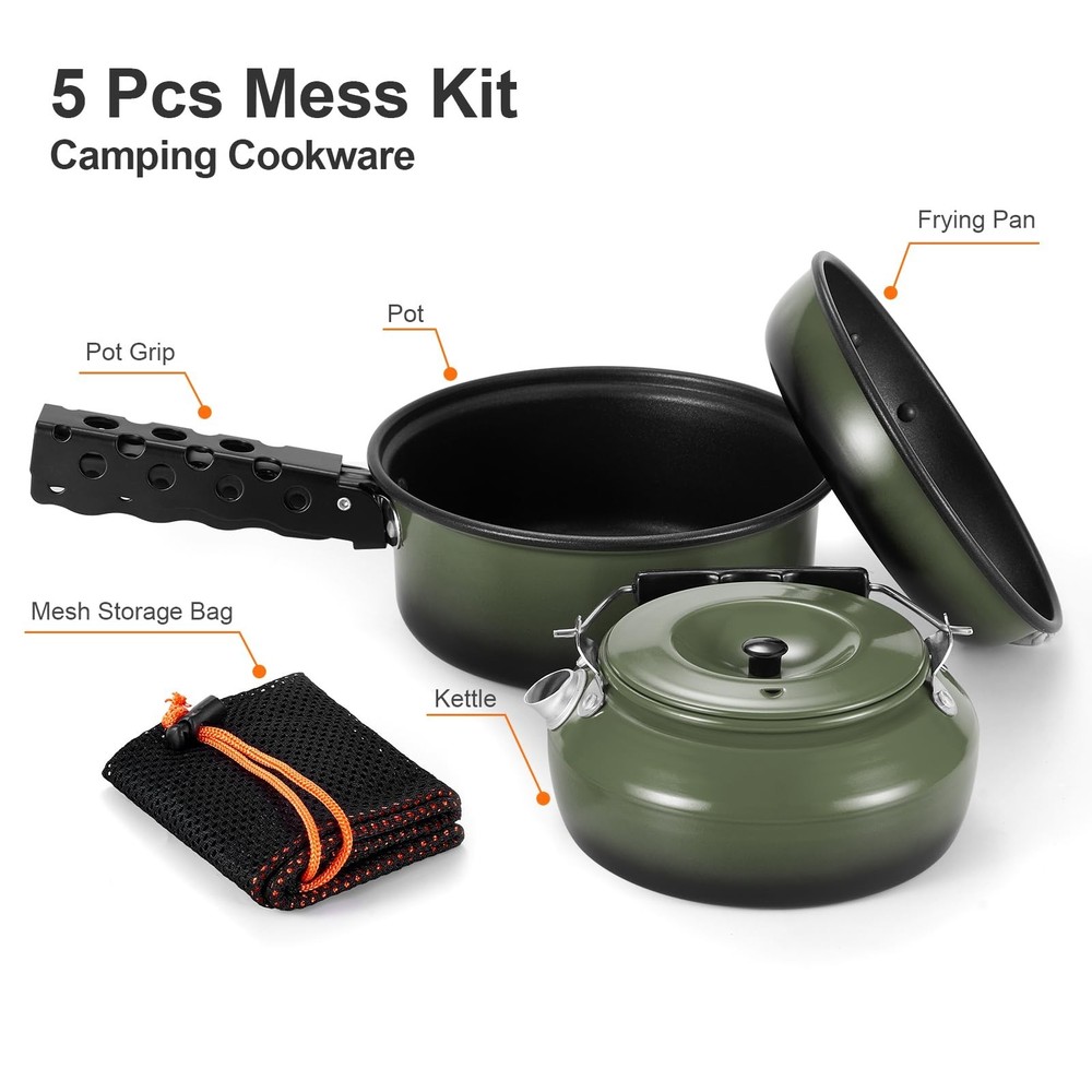 Odoland Bundle - 2 Items Camping Cookware Mess Kit and 5pcs Camping Cookware