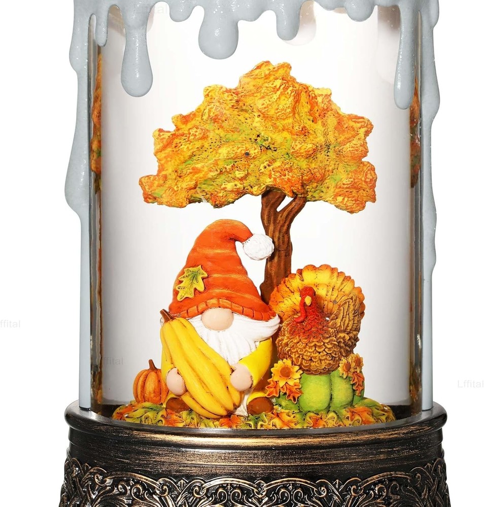 Fall Snow Globe Lantern Fall Decor Candle Shape with Gnome and Turkey, Lighte...