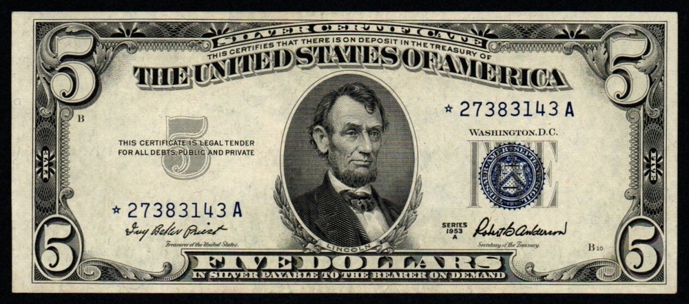 1953A $5 BEAUTIFUL GEM UNCIRCULATED Silver Certificate STAR Note! Gem STAR Note!