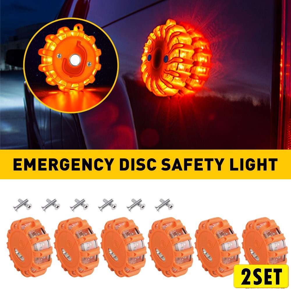2PCS LED Safety Flare Warning Disc Flashing Roadside Light Strobe Beacon