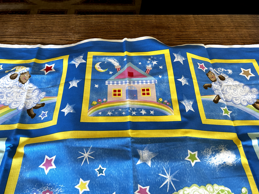Sleepy Time Sheep, Moon, Stars, & Rainbow on Blue Crib Panel Corron Fabric OOP