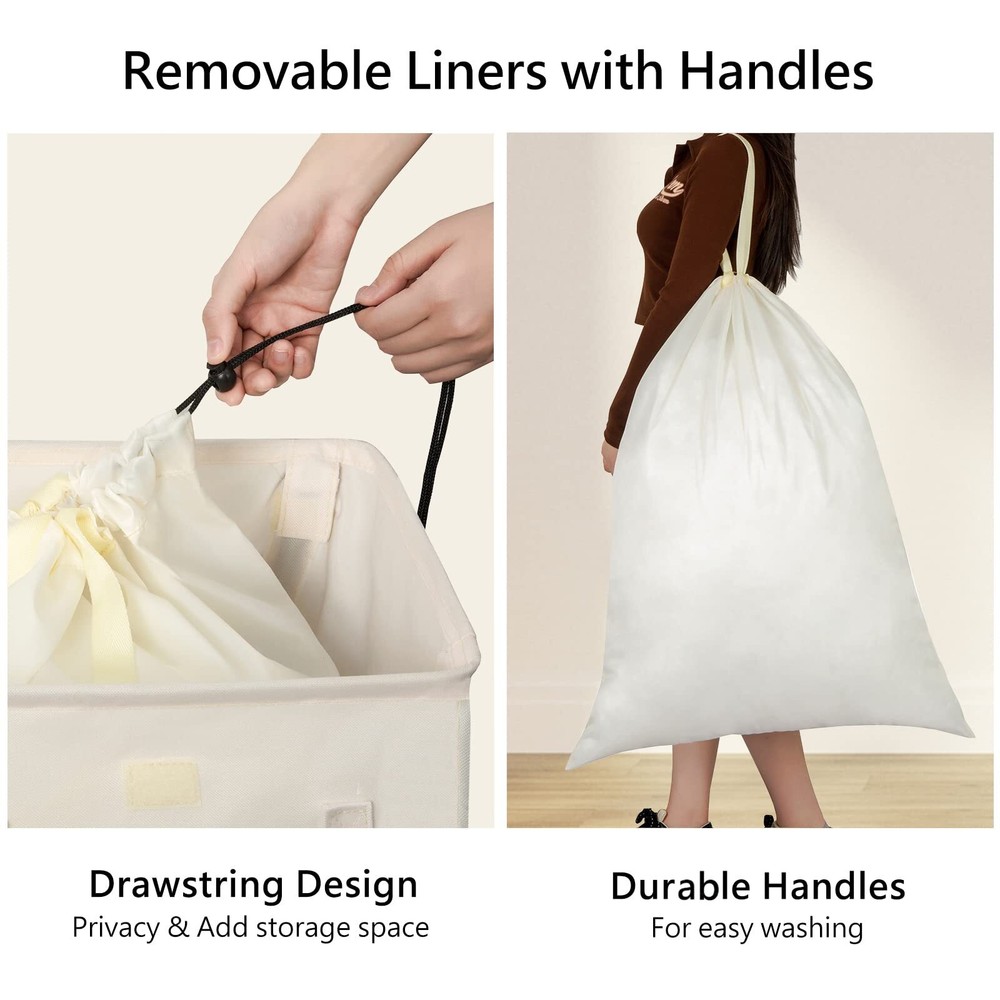 100L Laundry Hamper with Lid Foldable Basket with Removable Bags Beige
