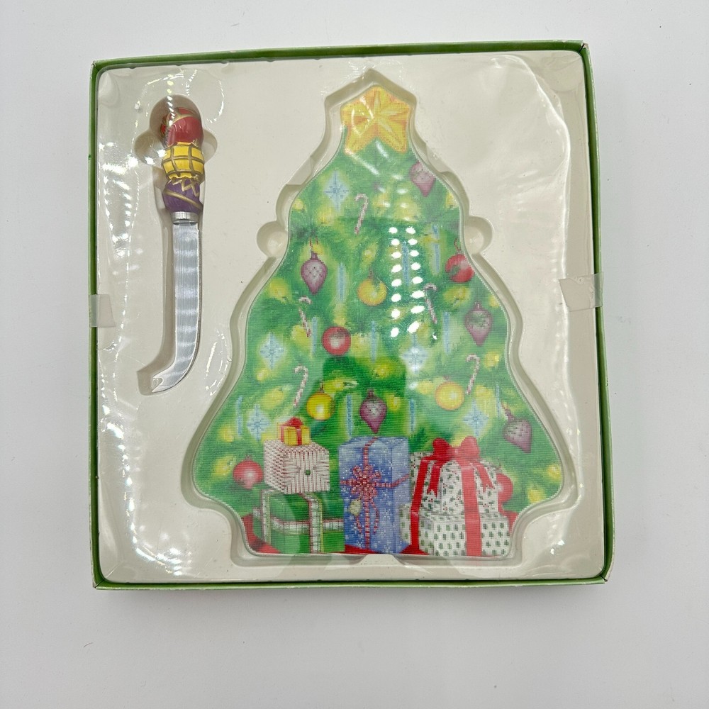 2003 Holiday Glass Server Tree w/ Cheese Knife