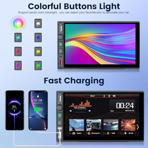Wireless Double Din Stereo with Carplay and Android Auto - 7 Inch HD Touch