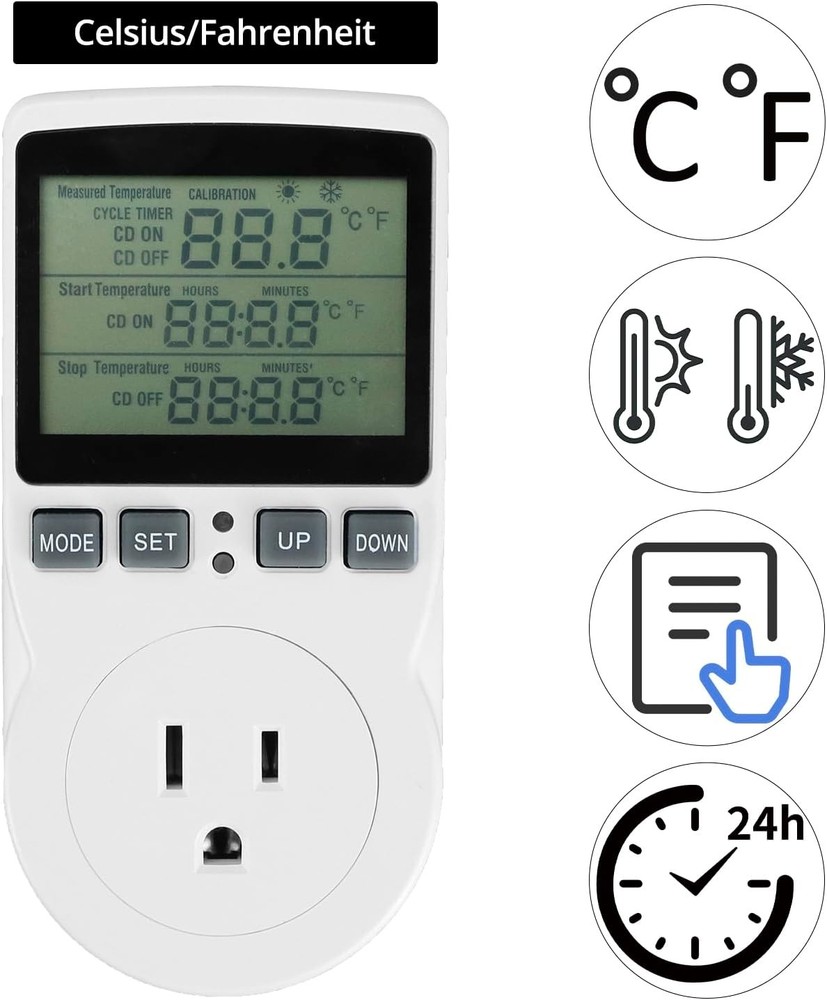 QWORK Digital Thermostat Outlet Plug Temperature Controller 1 Pack, White