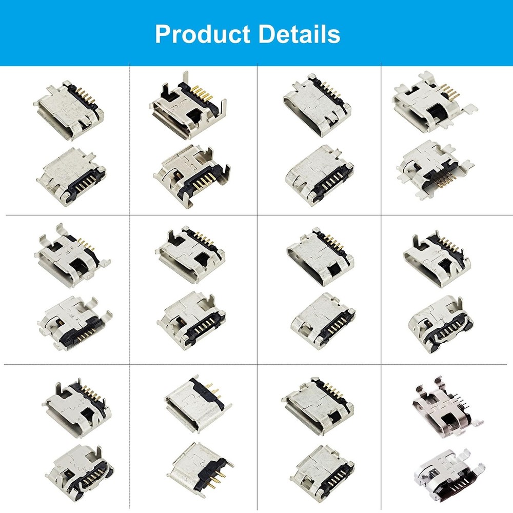 Bytcew 12 Types Micro USB Sockets Kit Jack Plug Connector,USB-b Micro, white