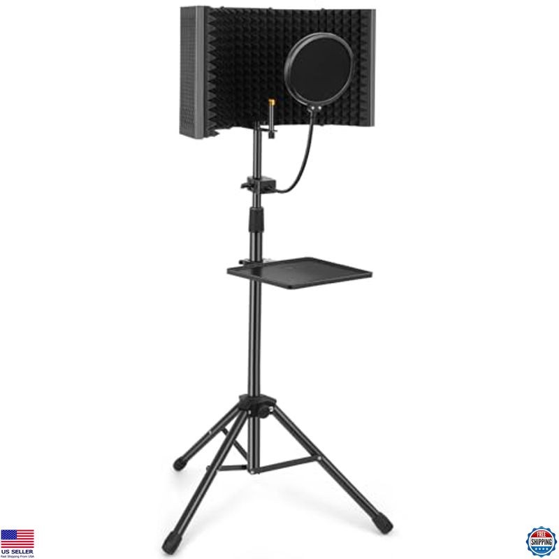 Mic Isolation Shield with Stand Curved Panel for Microphone, Foldable Mic Shield