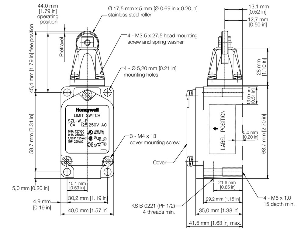 Honeywell SZL-WL-E Roller Plunger Actuator Limit Switch !
