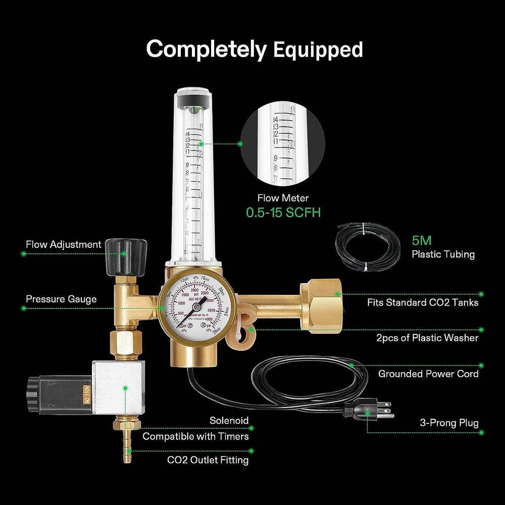 VIVOSUN CO2 Regulator Hydroponics Emitter System with Solenoid Valve Flowmeter