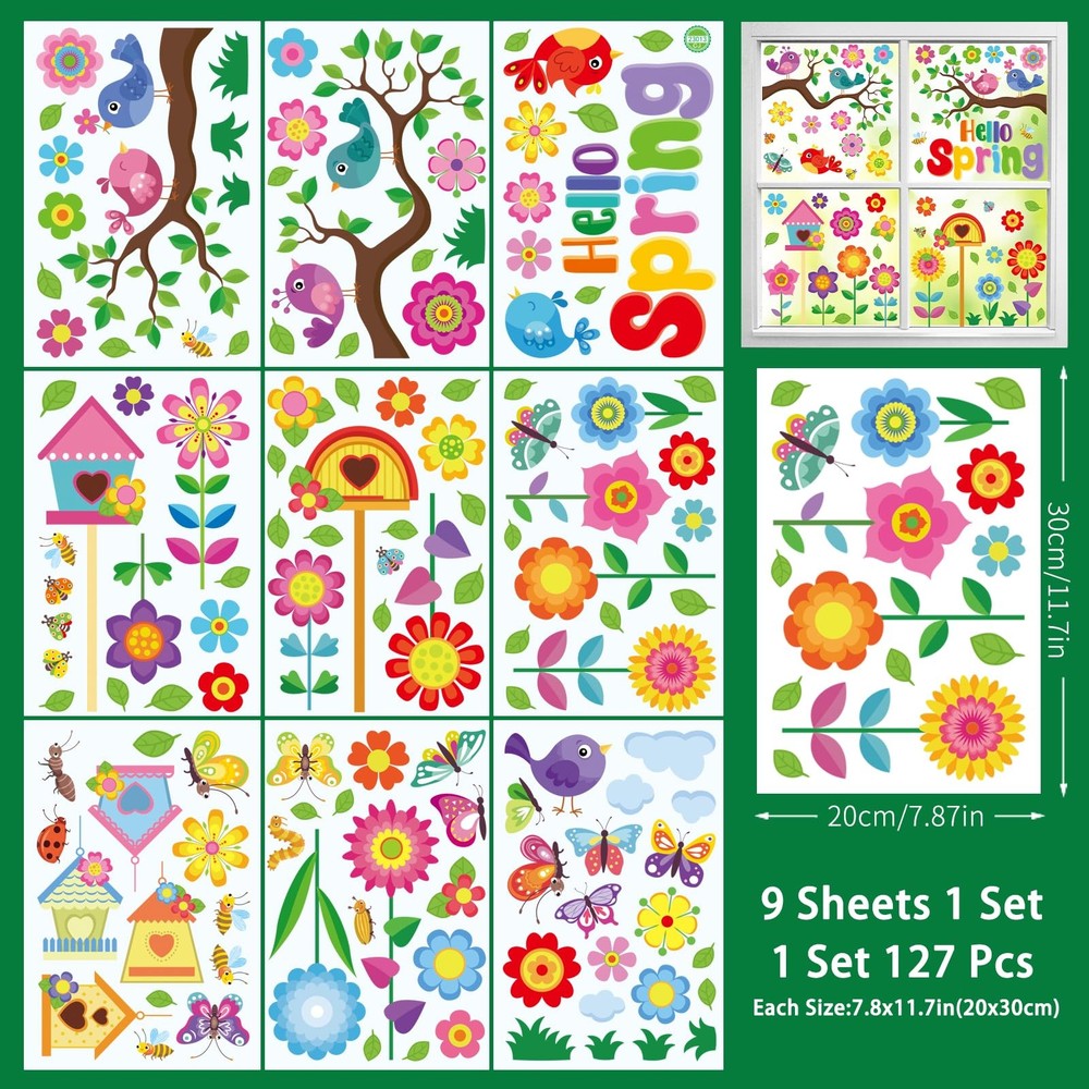 Vibrant Spring & Summer Window Clings - 9 Sheets 127PCS Classroom