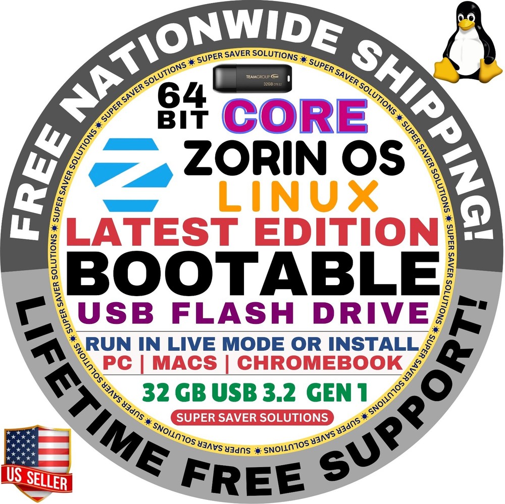 Linux Zorin OS 17.2 CORE 64-Bit, 32GB USB, Live Boot, Full Install for MAC / PC