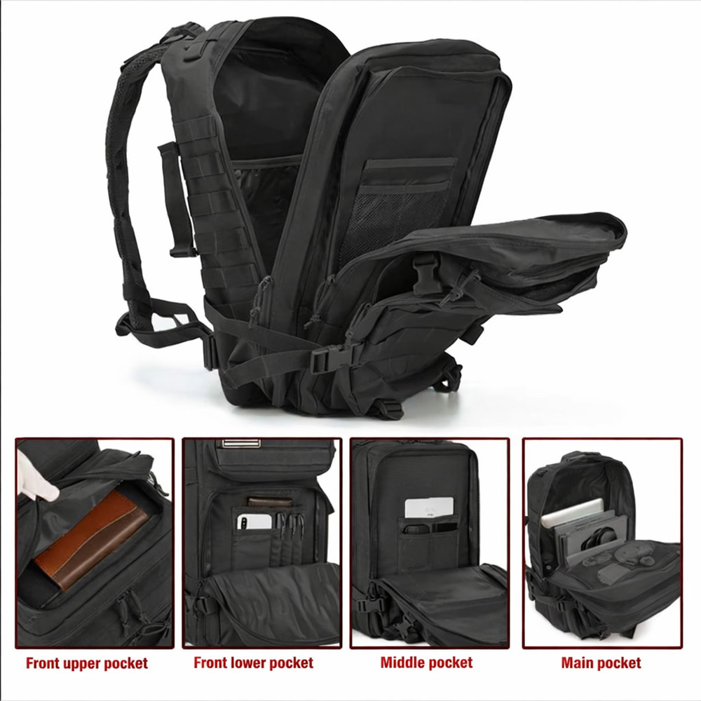 40L Tactical Military MOLLE Backpack 3-Day Assault Pack- Black