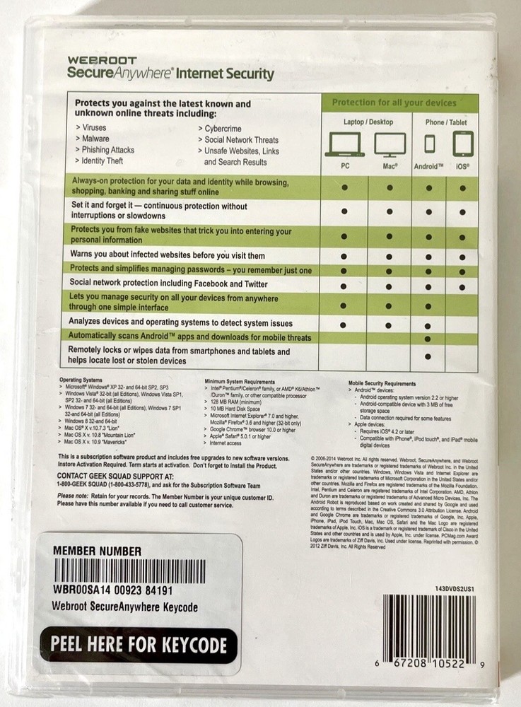 WEBROOT Secure Anywhere Internet Security 3 Devices Antivirus Mobile PC Mac New