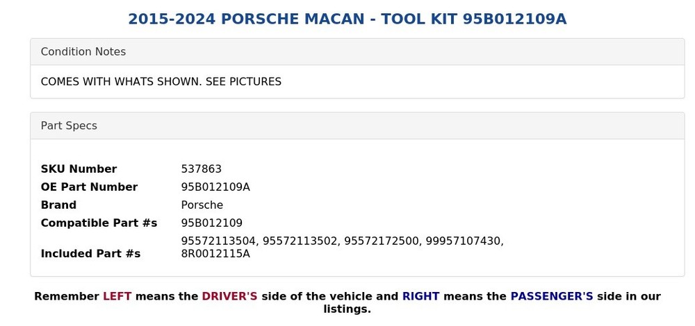 2015-2024 PORSCHE MACAN - TOOL KIT 95B012109A