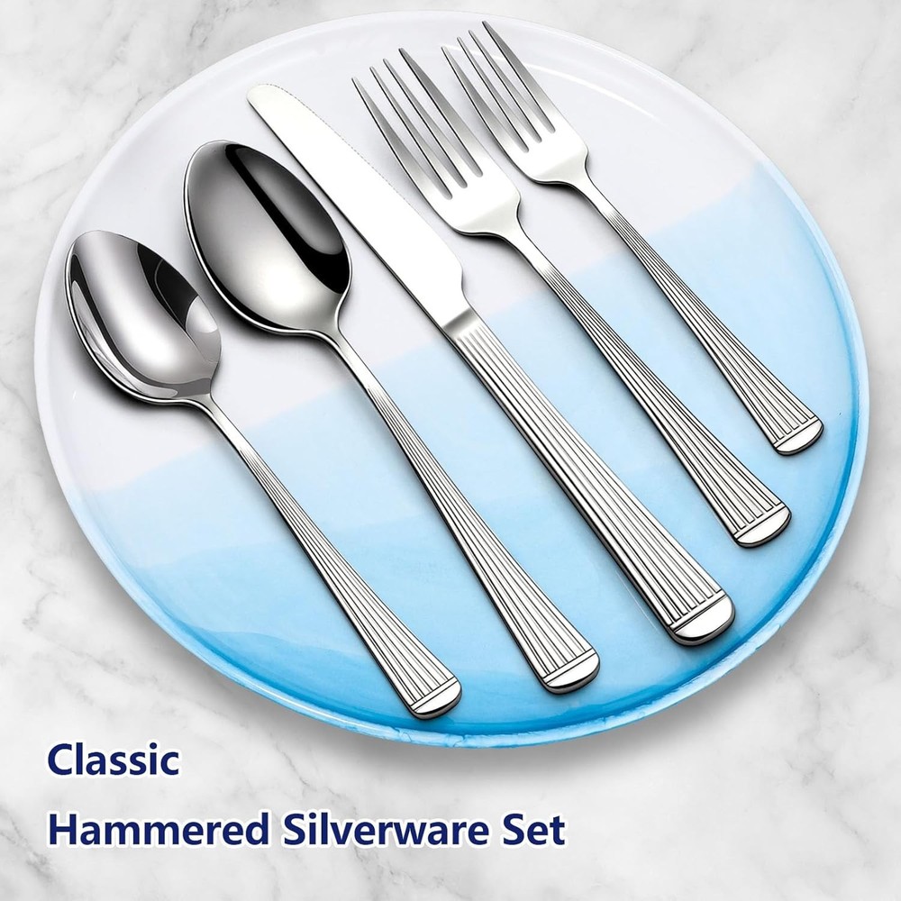 60-Piece Hammered Silverware Set for 12, Stainless Steel Flatware Set with Tree
