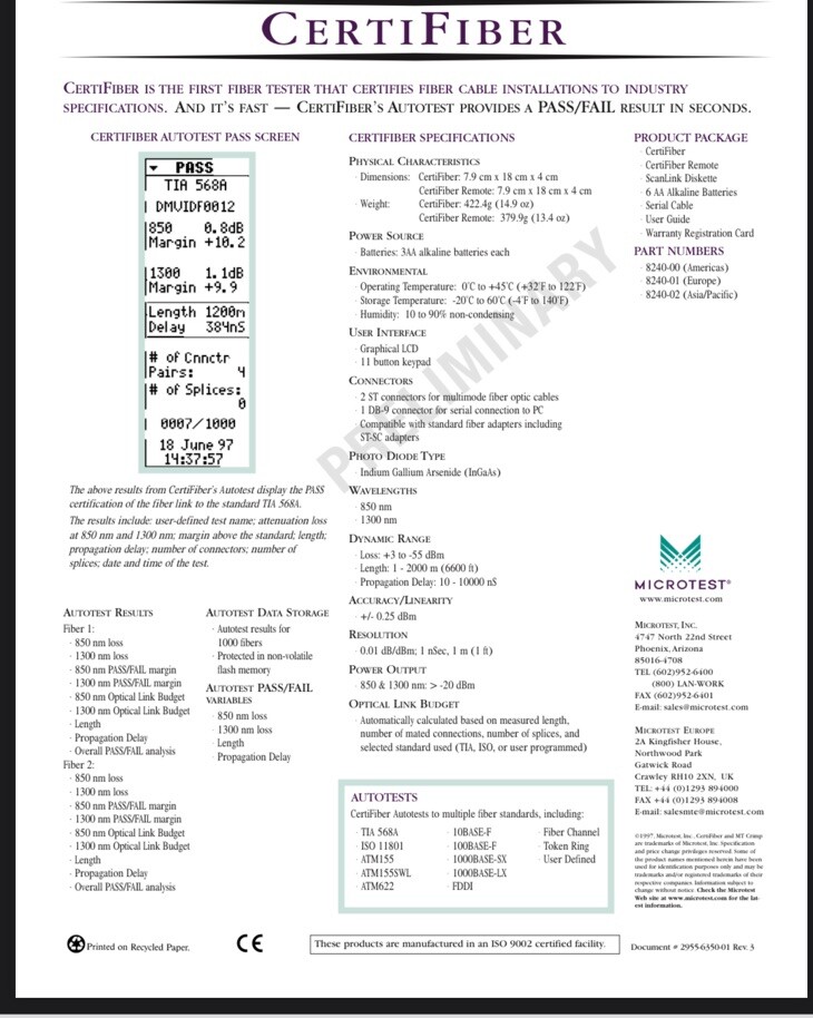 Microtest CertiFiber Optic Advanced certification for multimode Fiber Network