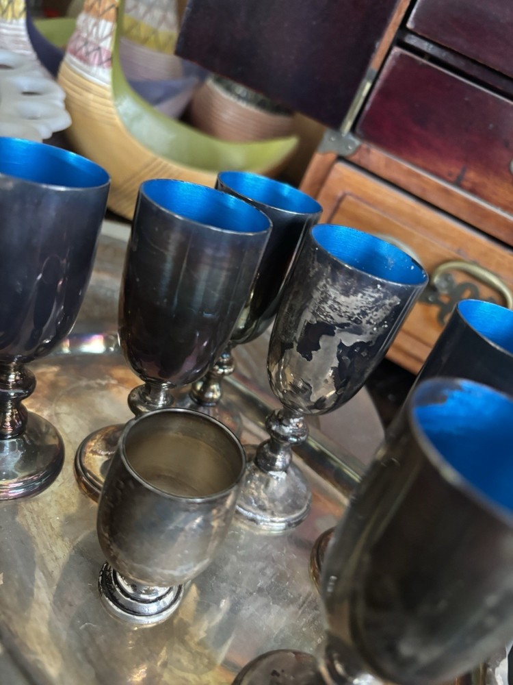 Antique Silver-Plated Goblets Set with Blue Interior