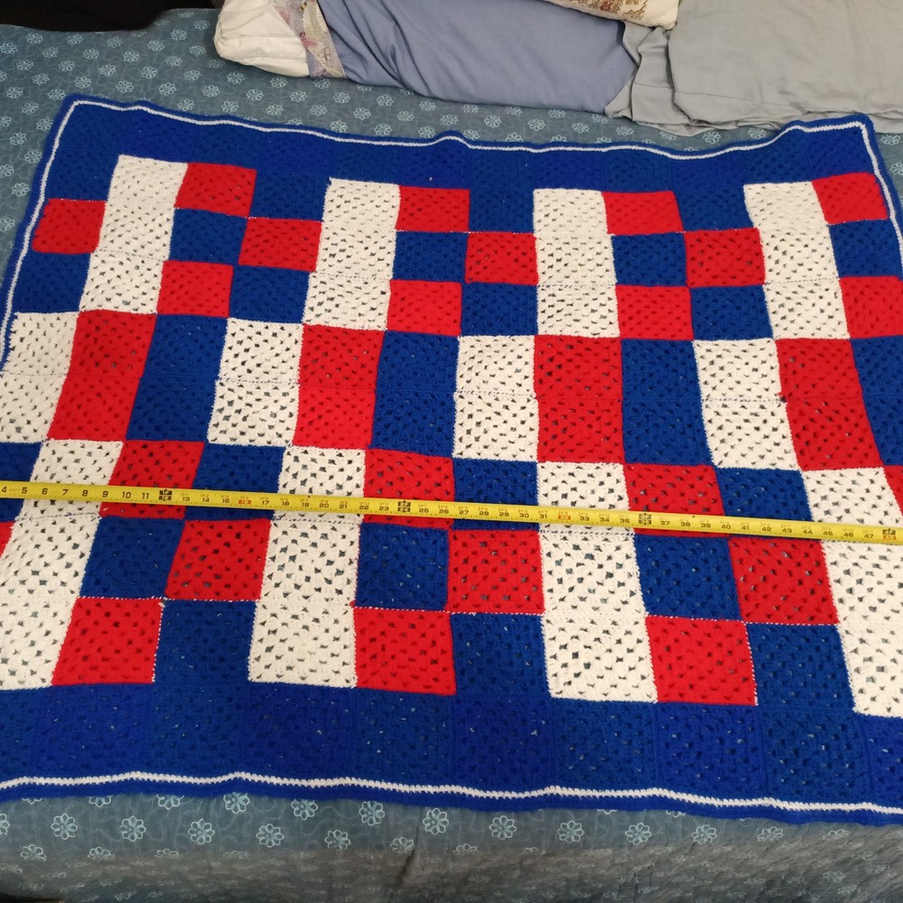 54x42 Crochet Blanket Red White Blue Checkered