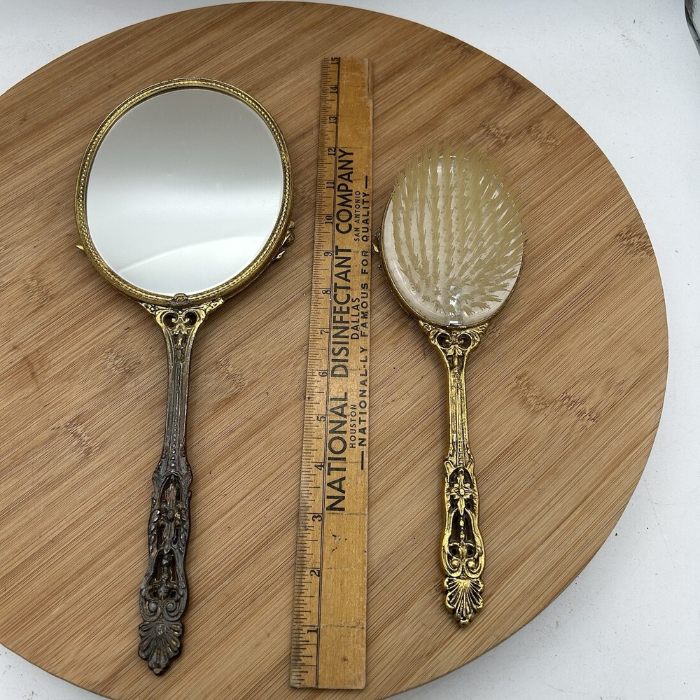Vintage Hand held Ornate Vanity Mirror & Brush set