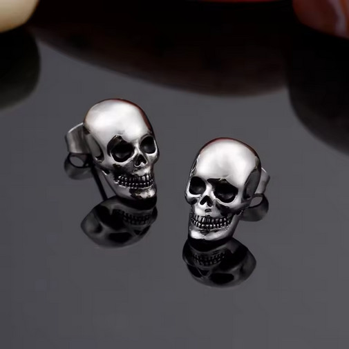 Silver Colored Stainless Steel Skull Stud Earrings Punk Goth New