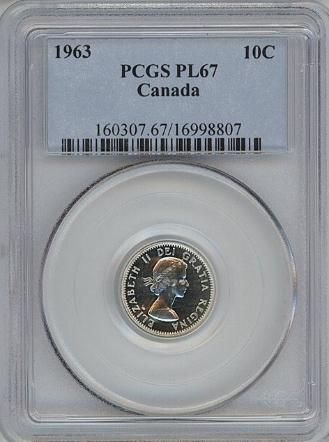 1963 Canada ten cents PCGS PL67