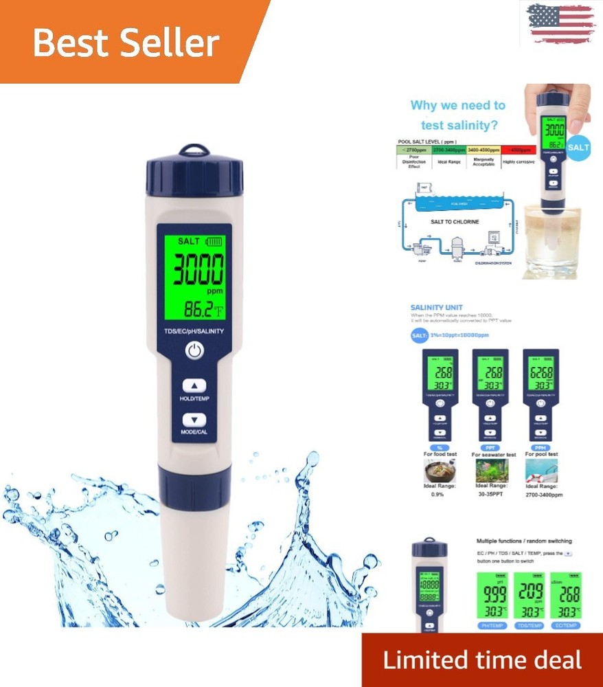 High-Accuracy Salinity Meter & pH Tester – Ideal for Pools, Spas & Hydroponics