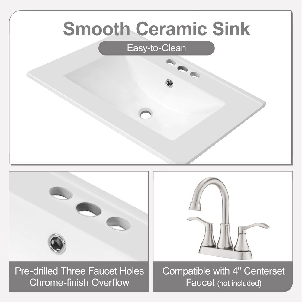 24" Bathroom Vanity w/Ceramic Sink And Storage Cabinet Drawers Solid Wood Frame