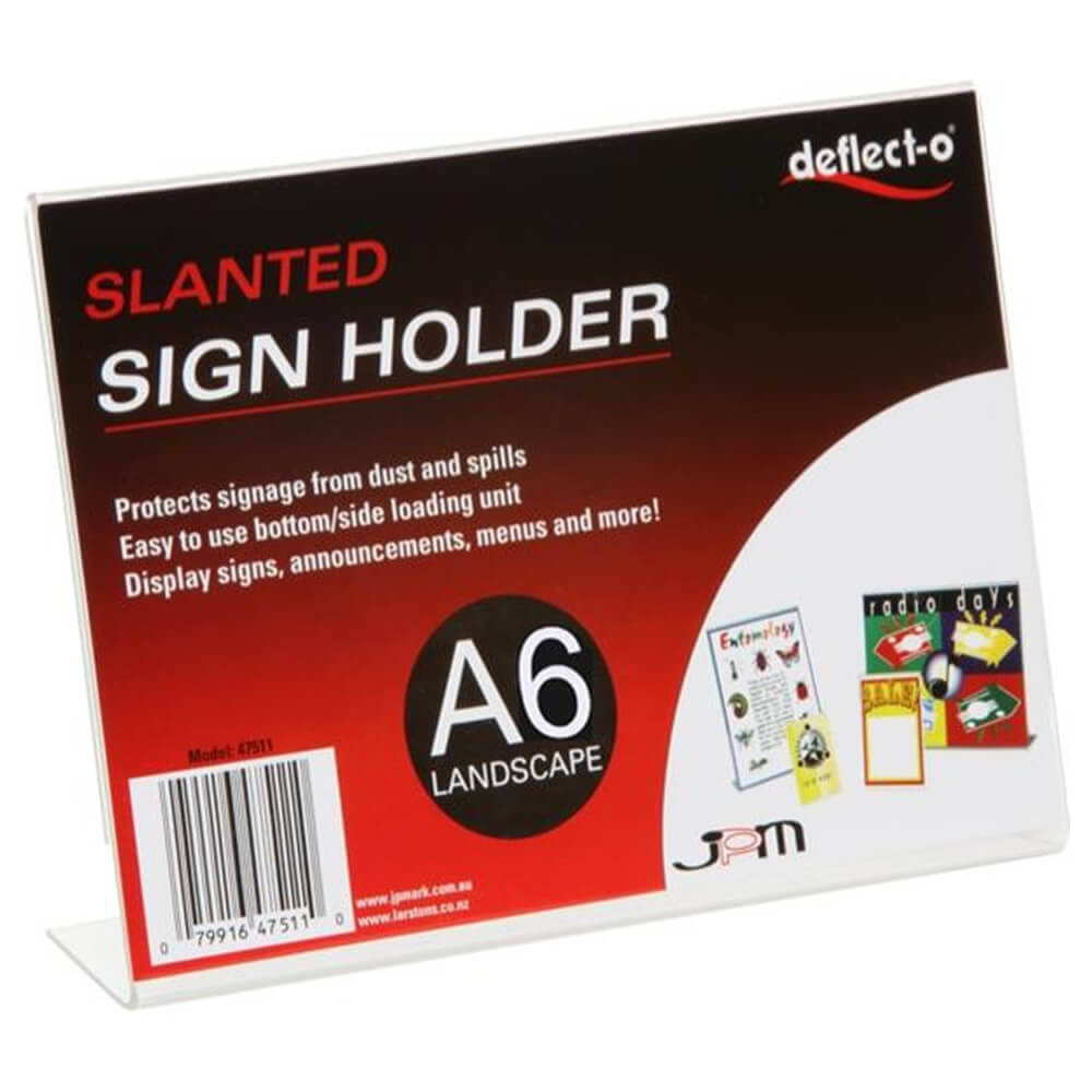 Deflecto Slanted Landscape Single Sign Holder A6 Clear L Shaped Side Loading