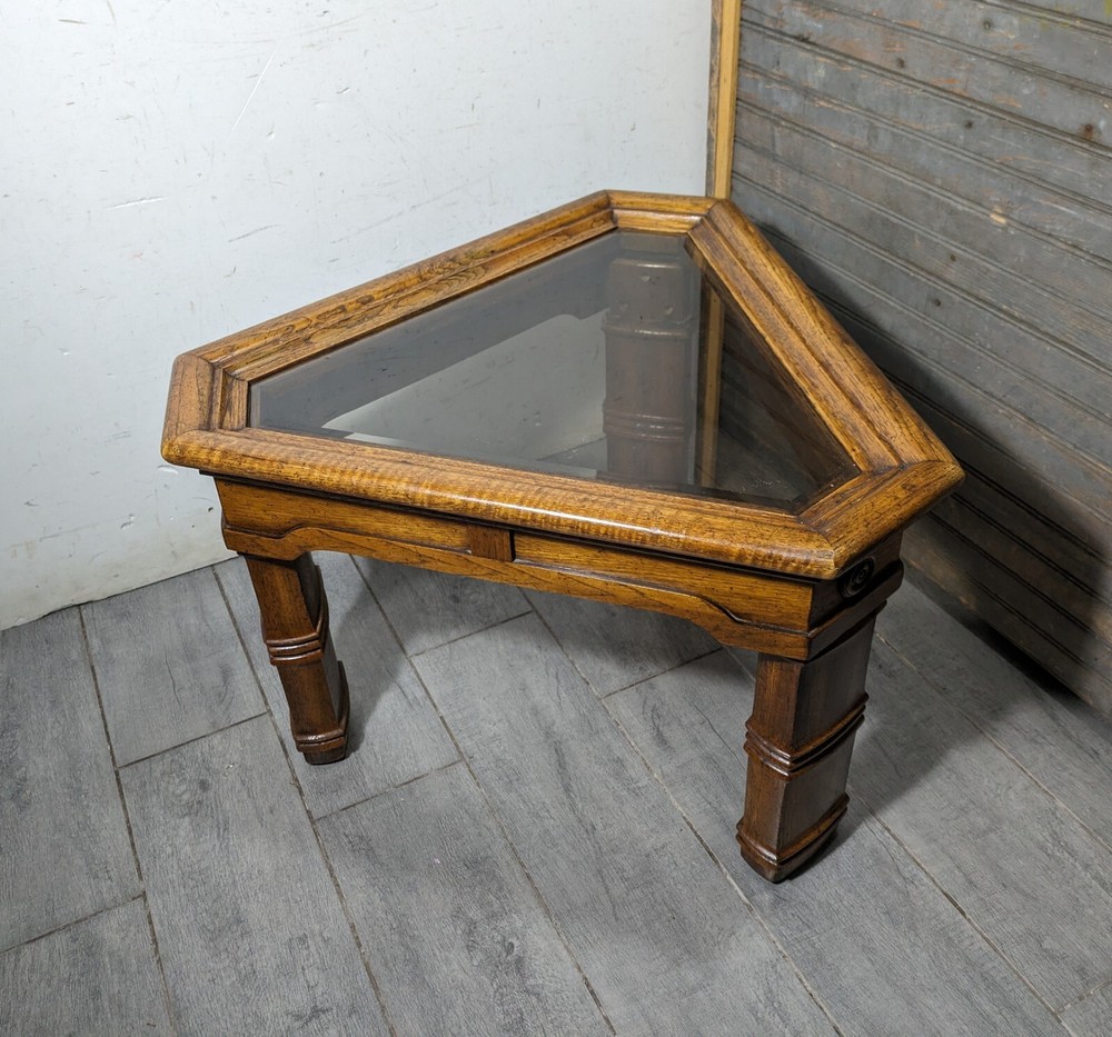 Vintage Rustic Carved Oak Wood Triangular Side Table Spanish Colonial Style