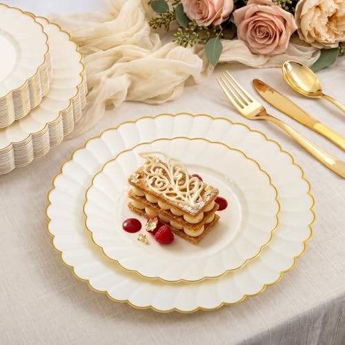Scalloped Plastic Plates - Gold Disposable Dinnerware Set Include 175PCS Ivory