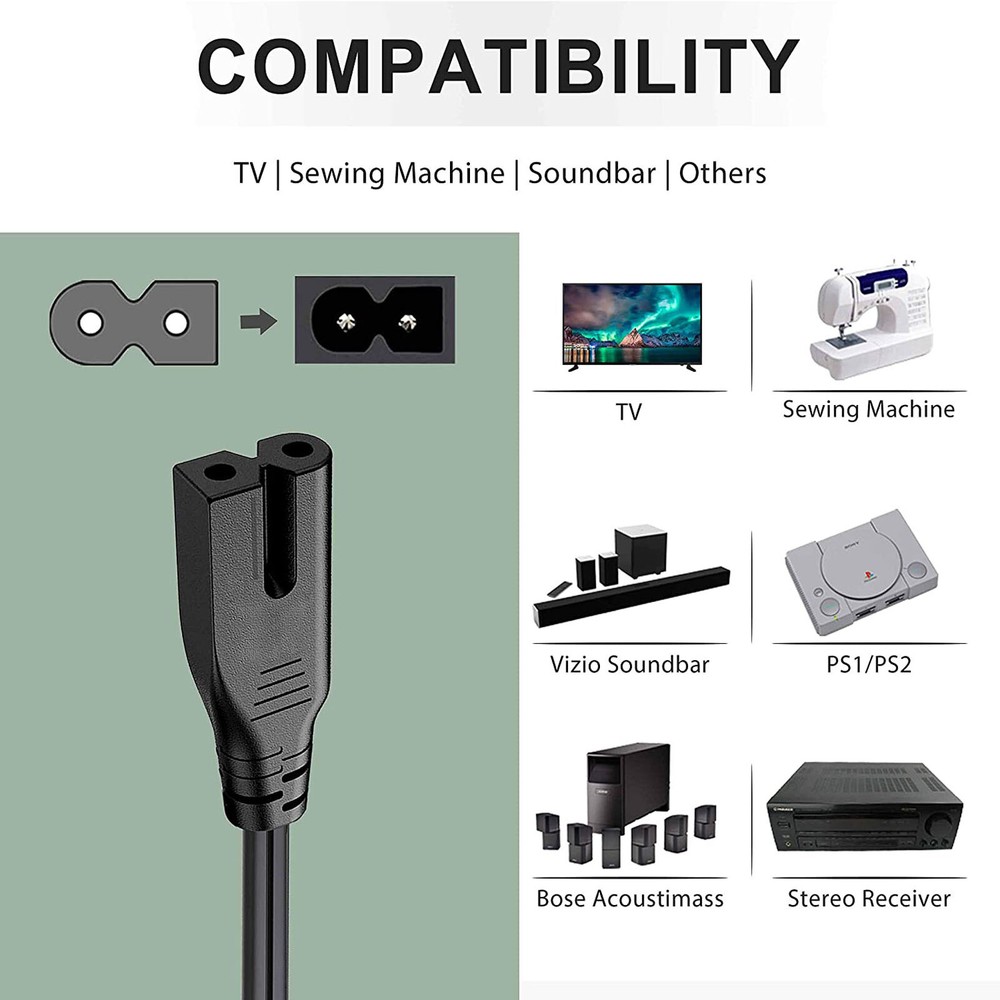 6ft AC Power Cord Cable For Vizio E32-C1 E32-D1 E32H-C1 2-Prong Wire Lead