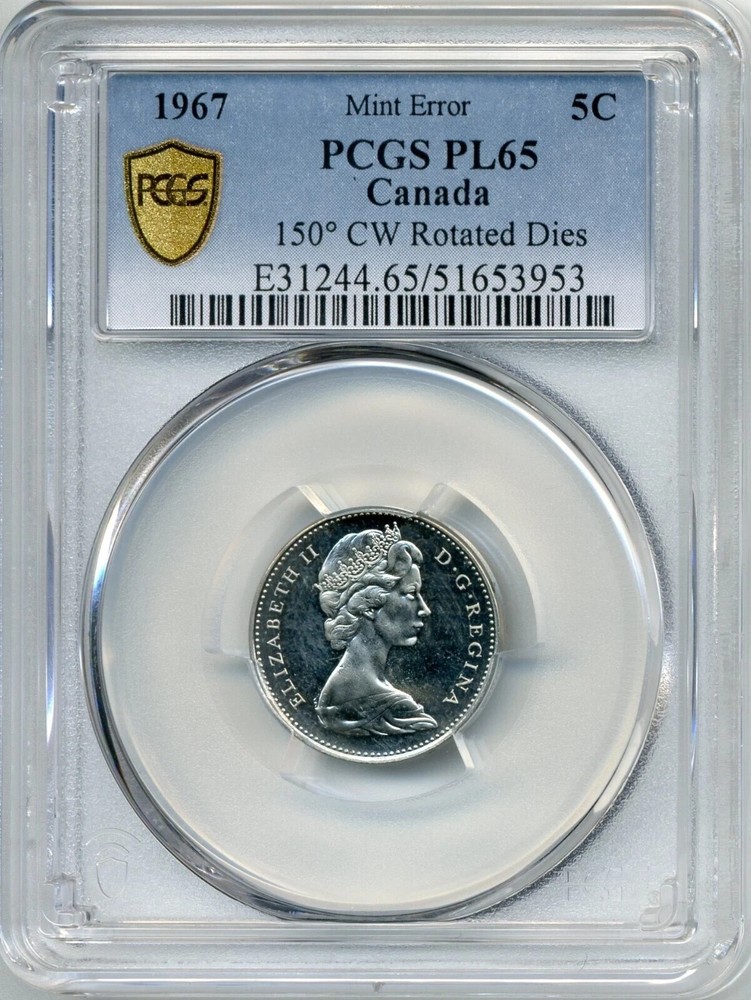 1967 Canada 5 Cent MINT ERROR, 150° CW Rotated Dies - PCGS PROOF-LIKE 65