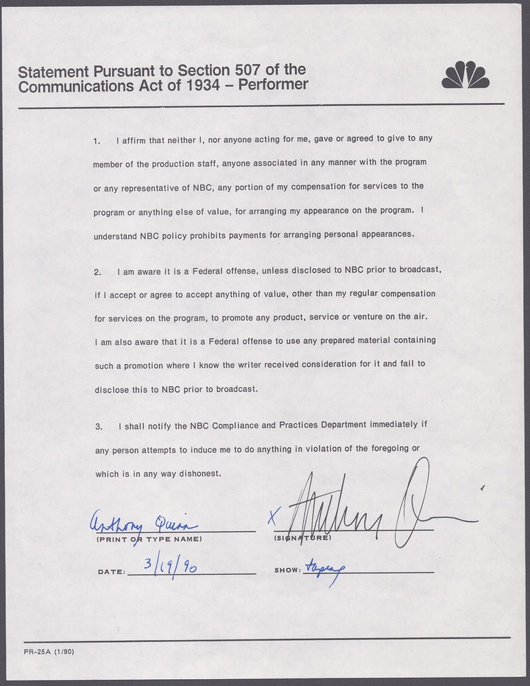 ANTHONY QUINN - DOCUMENT SIGNED 03/19/1990