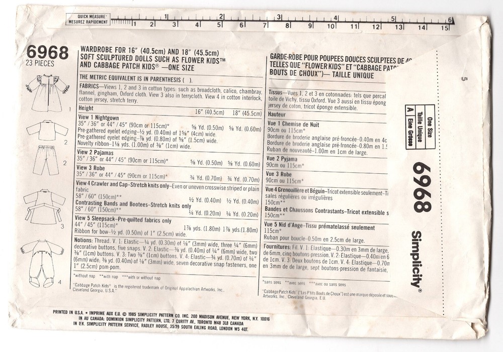1985 Simplicity Pattern 6968 for 16" Sculptured Dolls - Cabbage Patch UNCUT