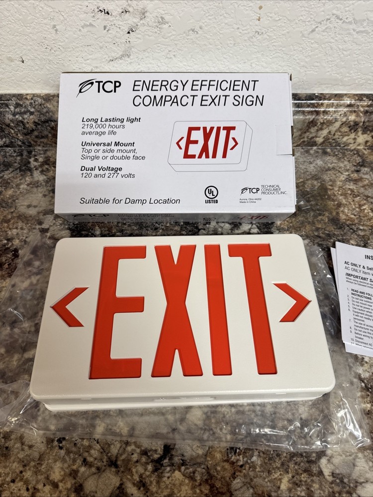 TCP Energy Efficient Compact Exit Sign Red LED 22743 Battery Backup