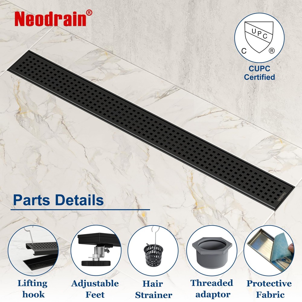Neodrain 18-Inch Black Linear Shower Drain with Removable Quadrato Pattern Gr...