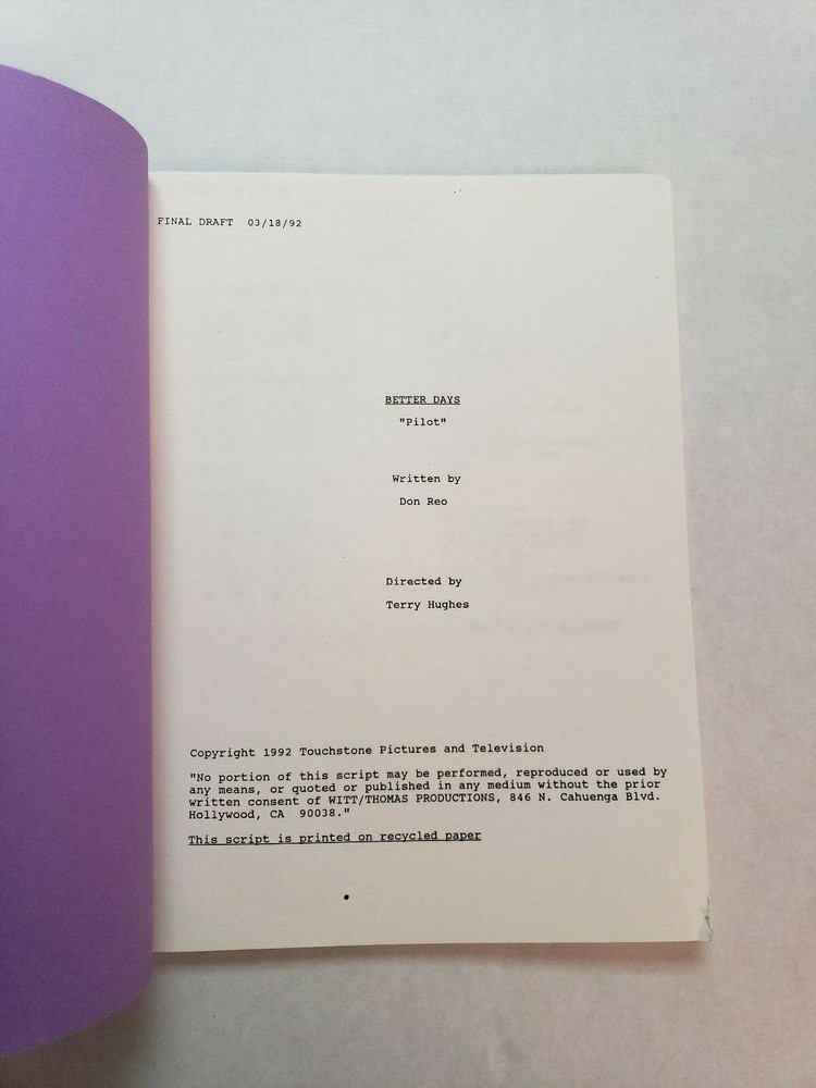 BETTER DAYS / Don Reo 1992 Unproduced TV Script PILOT EPISODE, Terry Hughes