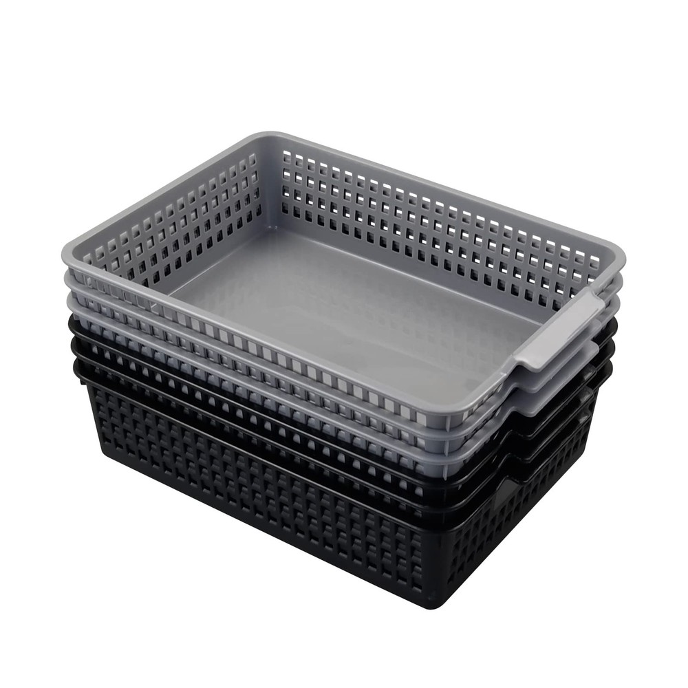 Plastic Flat Storage Basket, Plastic Paper Storage Basket Tray, 6 Pack