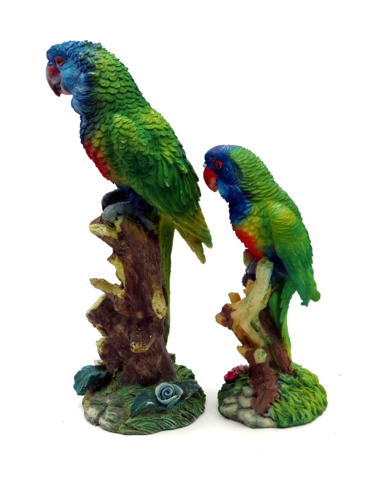 2 Resin Parrots Birds on Branches Figurines