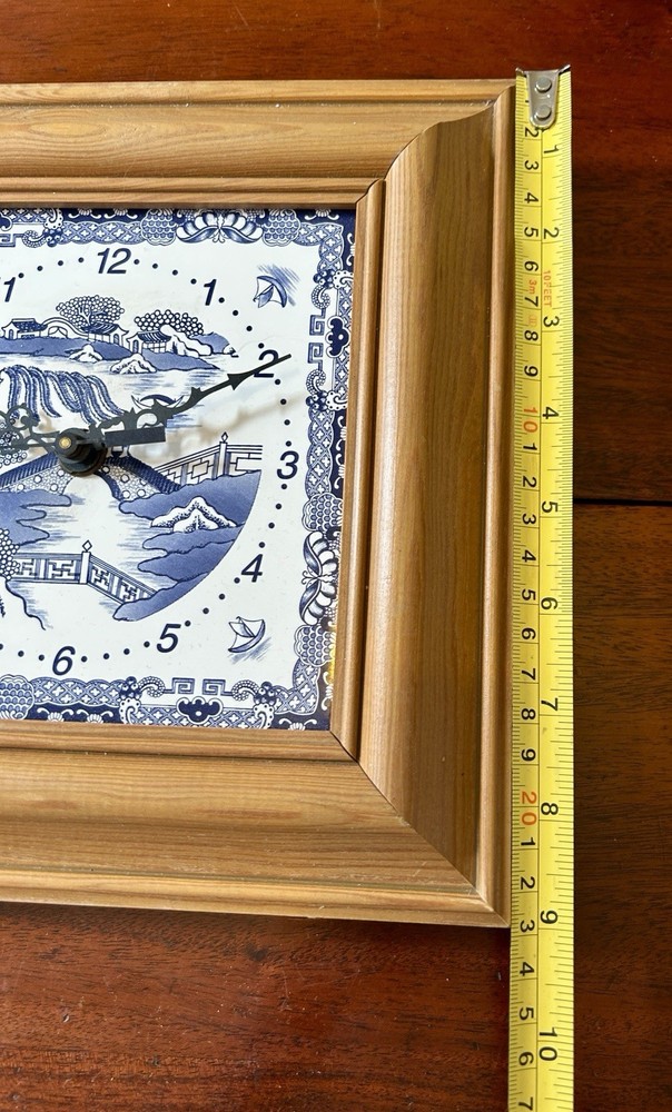 Vintage Blue & White Willow Pattern Ceramic Tile Wall Clock, Wooden Frame