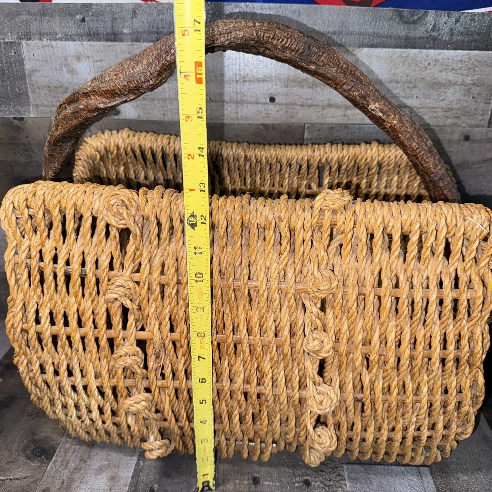 Vintage Boho Wicker Basket With Branch Handle Large UNIQUE
