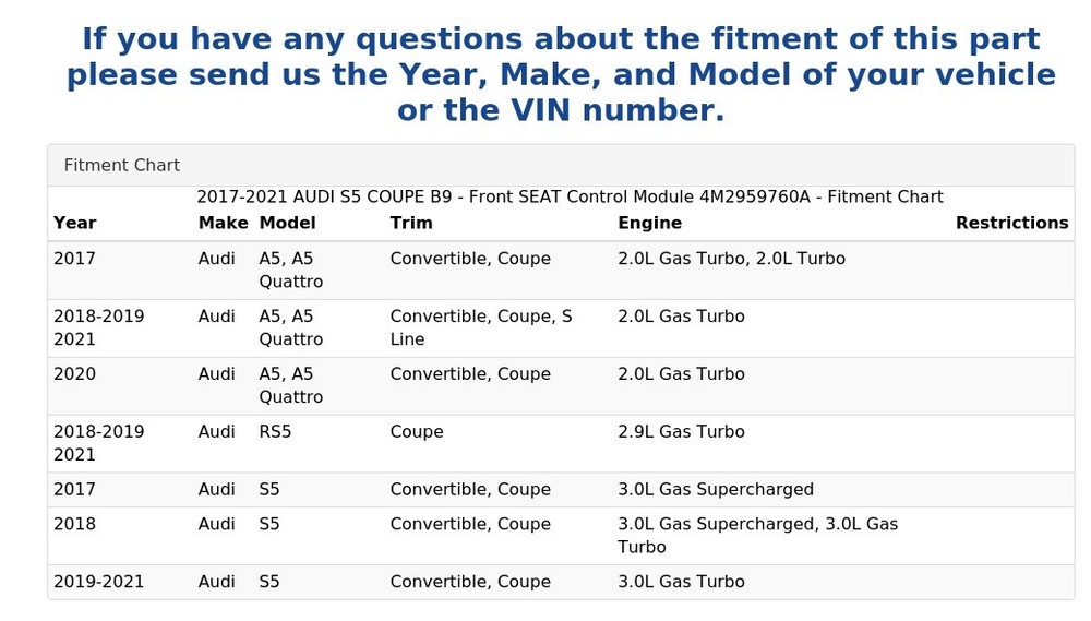 2017-2021 AUDI S5 COUPE B9 - Front SEAT Control Module 4M2959760A