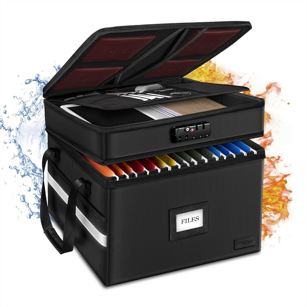 Fireproof Document Box with Lock, 2 Layer Fire Proof File Box for Documents with